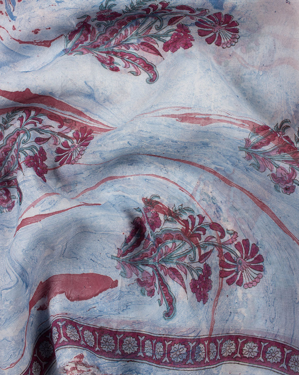 Blue Red Boota Pattern Exclusive Design Marble Print Hand Block Viscose Organza Fabric - Fabriclore.com